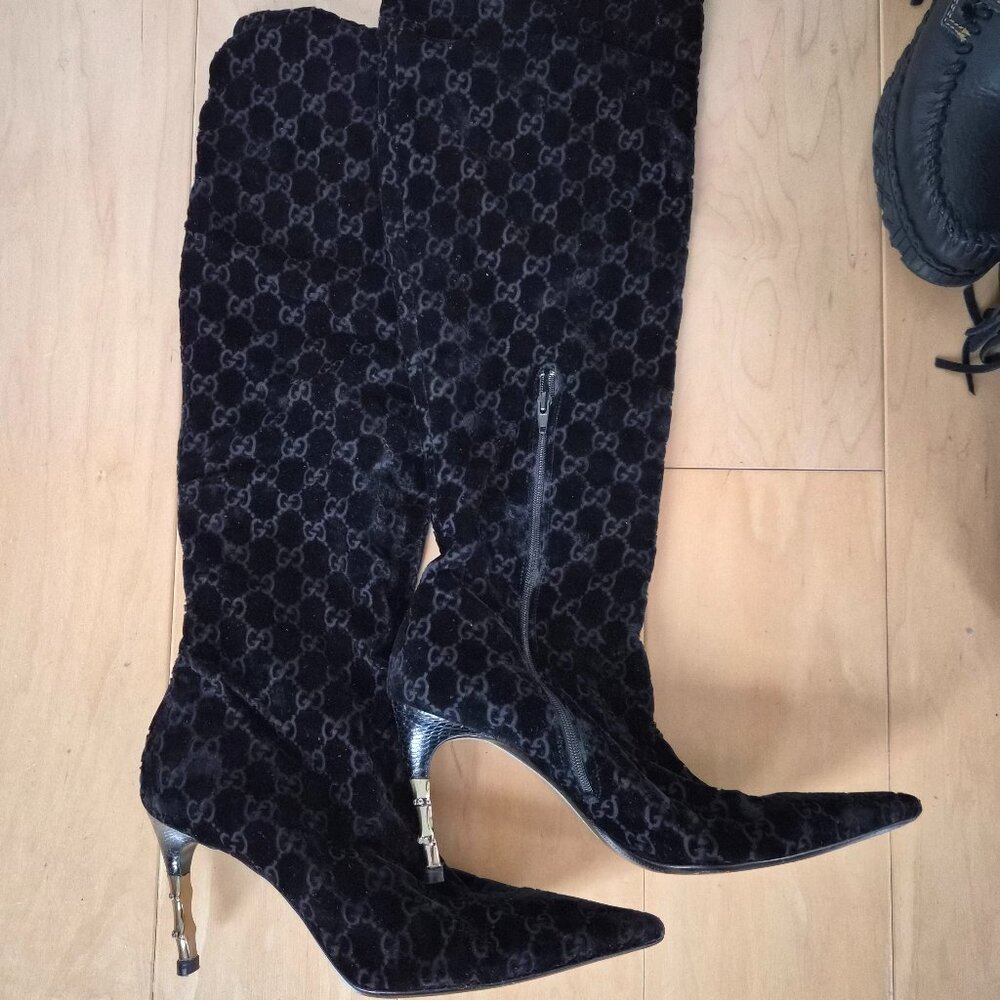 Gucci Velvet GG Bamboo Heeled Boots 40C